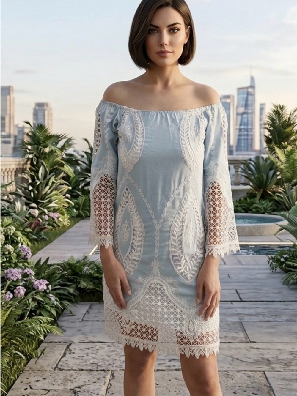 NWOT Lucy Paris Blue Lace Off-Shoulder Dress